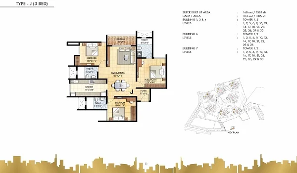 Suraksha Group Wish Town 3 BHK Floor Plan